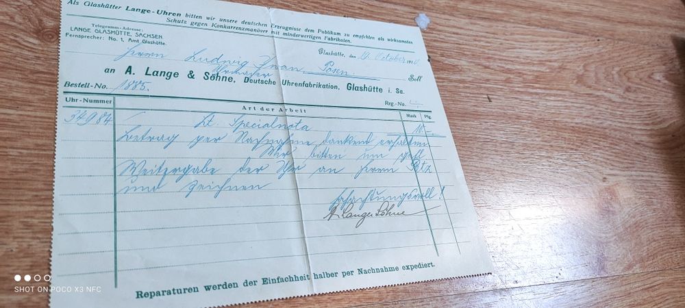 Dokument niemiecki fabryka zegarków Lange & Sohne 1912