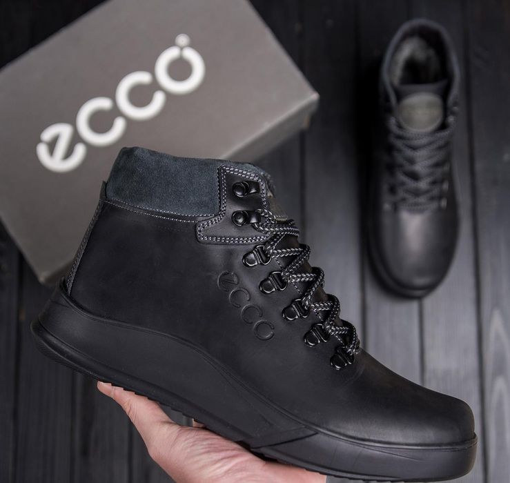 Чоловічі шкіряні черевики Ecco, зимові чорні ботінки високі, на хутрі
