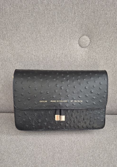 Nowa klasyczna torebka Chylak czarna struś klasyk szeroki pasek sk