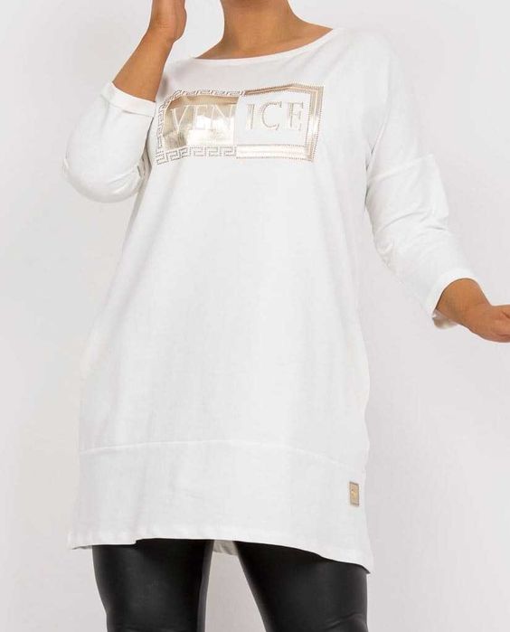 Tunika ze złotym printem plus size, one size, ecru, nowa