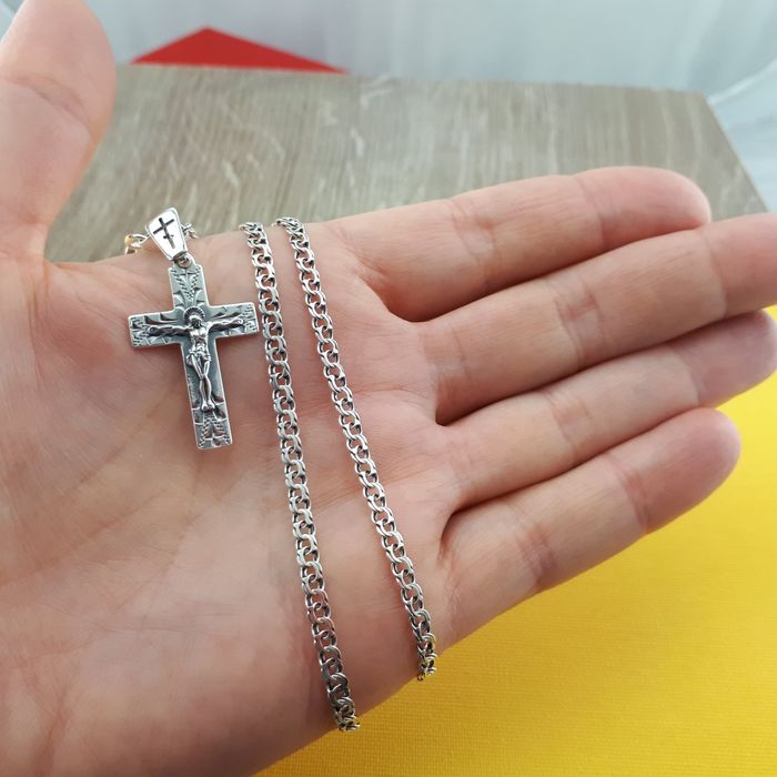 Срібний хрестик та цепочка Бісмарк комплект срібло 925 кулон ланцюжок