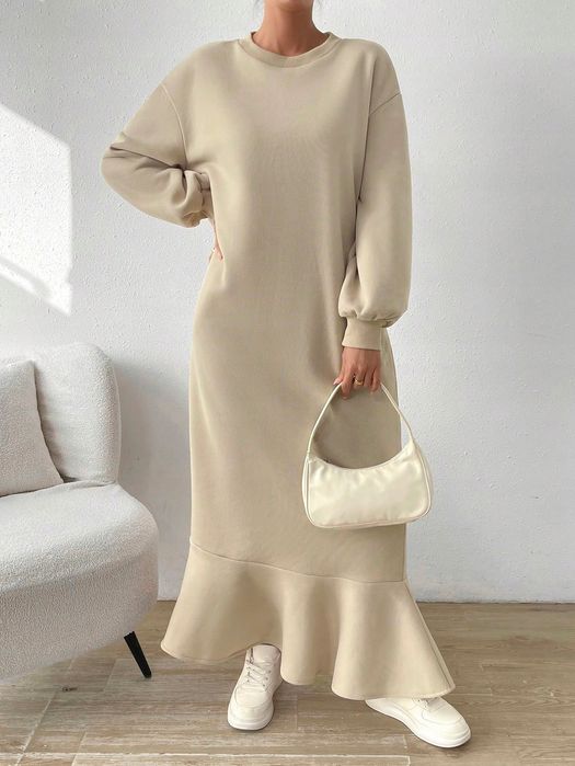 Sukienka Bluza Ocieplana Maxi Beżowaz Falbanką Casual Shein M 38