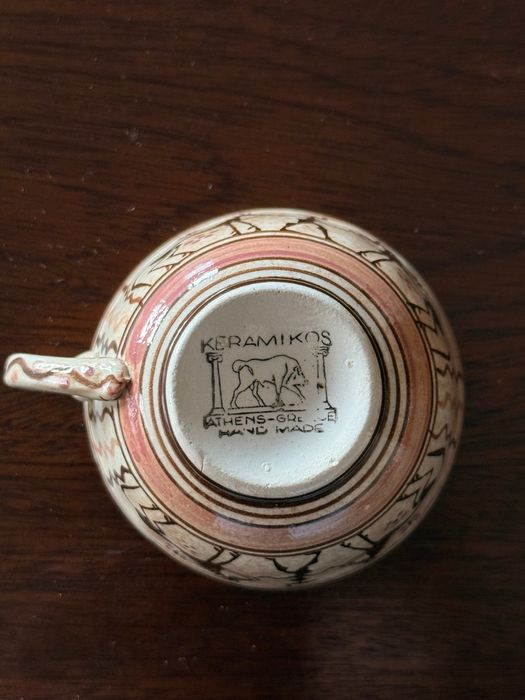 Chávena e pires arte grega antiga Keramikos pintado à mão excelente