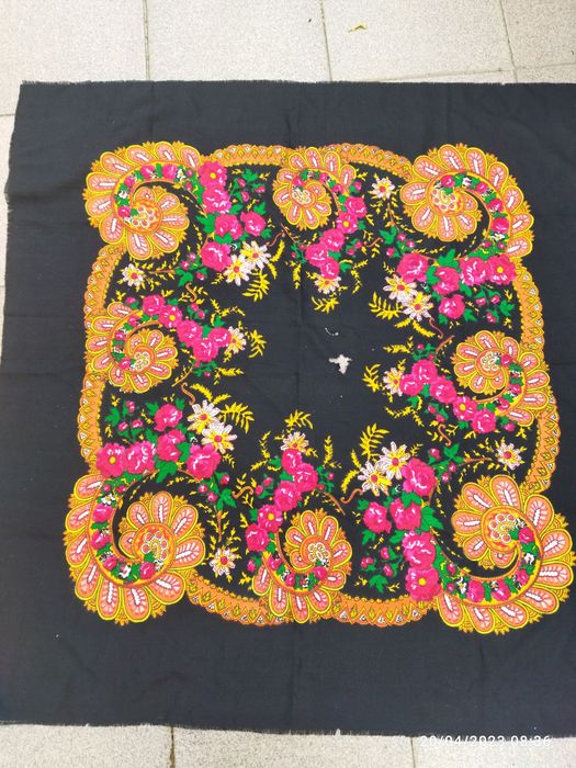 Foulard Vintage Années 30-40 En Laine Noire - Motif Géométrique Bohème Et Rétro