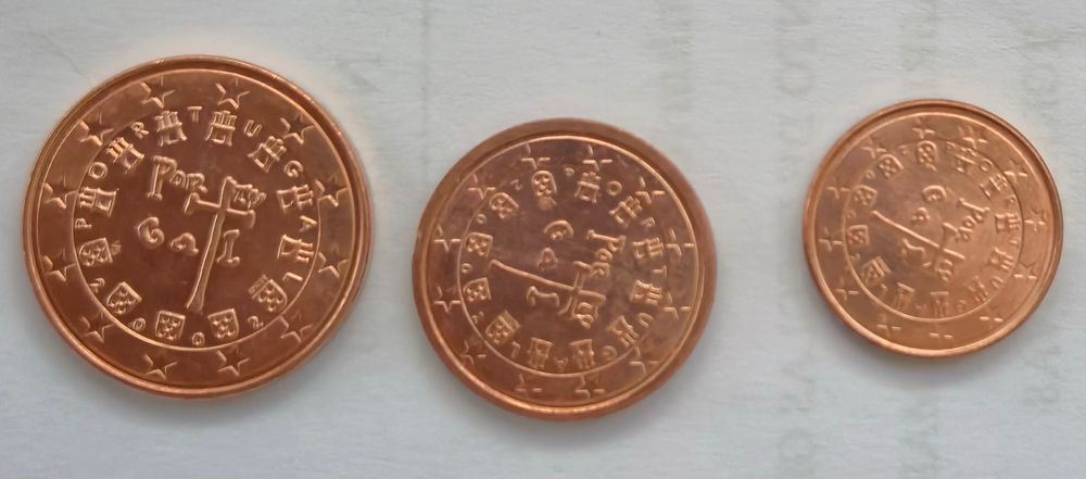 Moedas de 1 e 2 e 5 cêntimos de 2002 PORTUGAL UNC