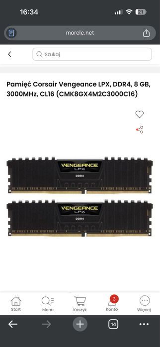 Corsair Vengeance LPX, DDR4, 16GB, 3000MHz