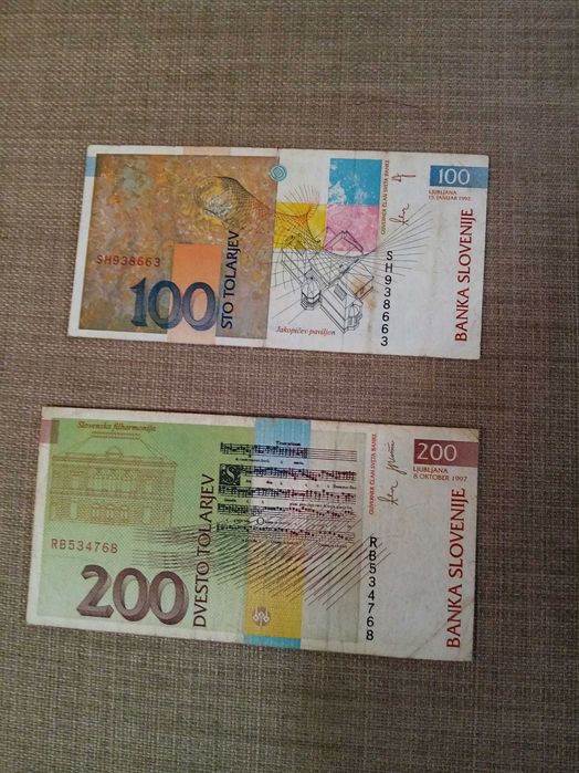 ESLOVÉNIA 4 Notas 2 NÃO CIRCULADAS 1, 2, e 100 e 200 Tolar  1978 em BC