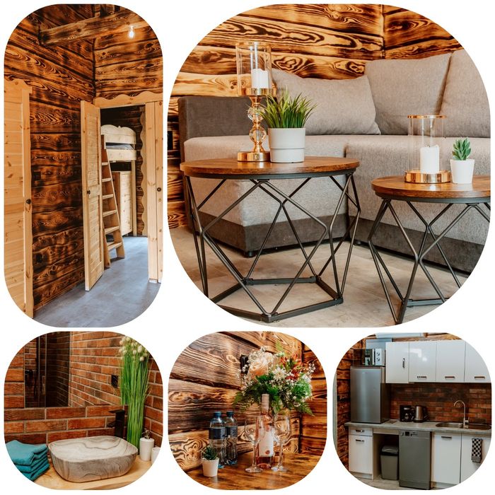 Domek nad jeziorem z jacuzzi, sauną i strefą masażu .