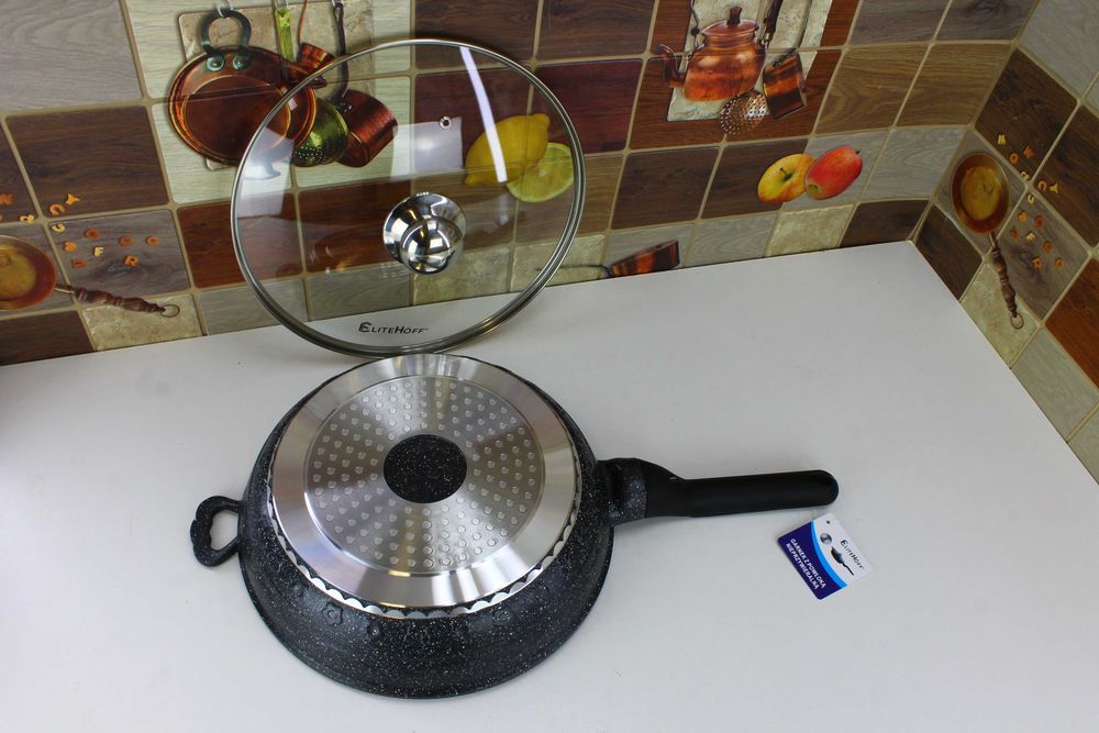 Solidna Głęboka Patelnia 28cm z pokrywą EliteHoff E7024 czarna