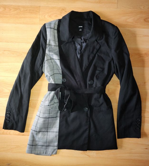 Sinsay | marynarka | asymetryczna | krata | kratka |  czarna | unikat