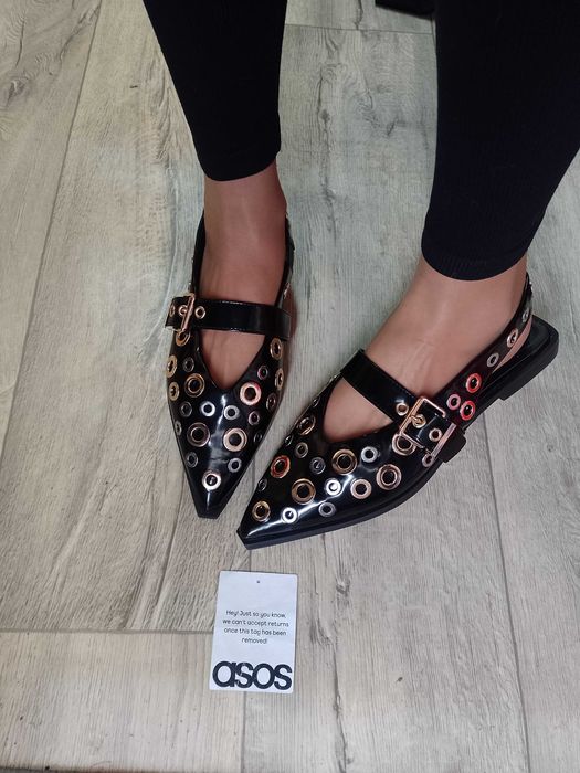(42) ASOS Design/ czarne, bogato zdobione baleriny z Londynu, NOWE