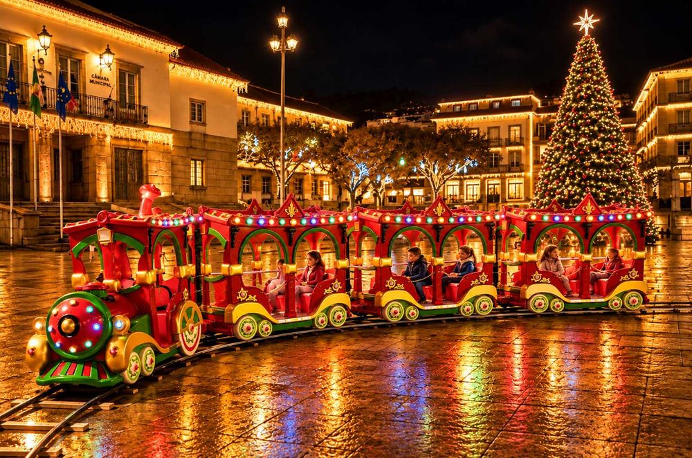 canhão de neve, carrossel, pista de gelo, comboio carris, carrossel, parada de natal
