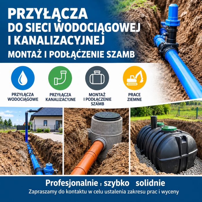 Przyłącza do sieci wodociągowej i kanalizacyjnej , szamba, przyłącza wody