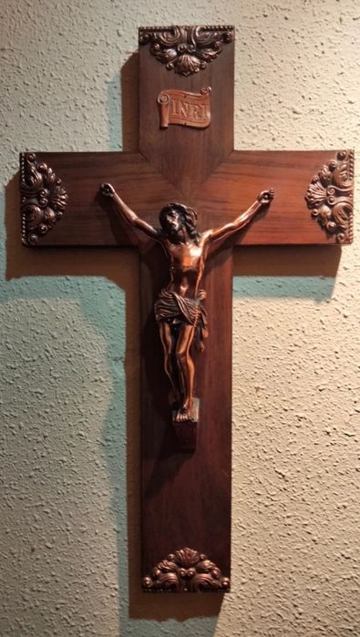 Crucifixo vintage BRONZE e madeira Séc.XIX(19)