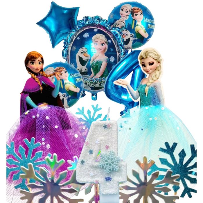 Topper Elsa Anna, Świeczka Cyfra 4, Balony 5szt.  Płatki Śniegu