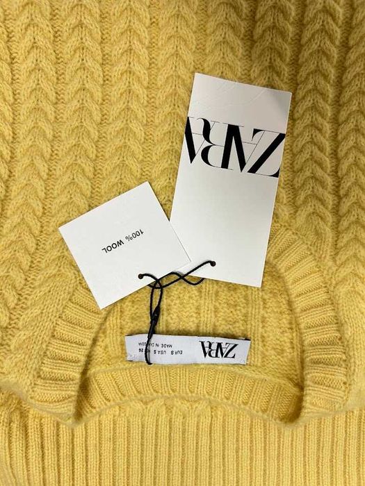 Nowy żółty sweter damski z krótkim rękawem Zara 36 S 100% Wełna