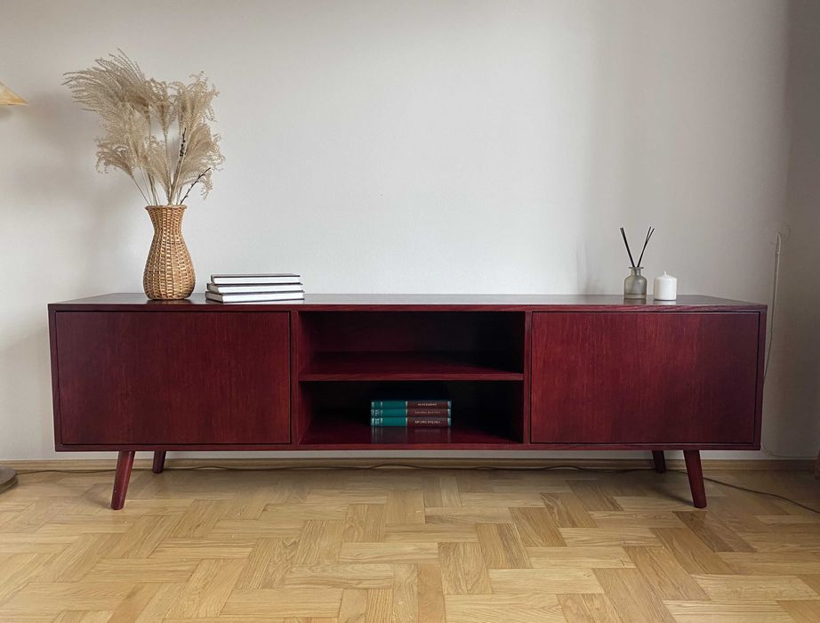 Drewniana szafka RTV 200cm w stylu vintage, w kolorze mahoń