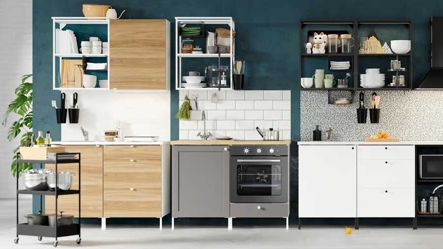 Zestaw 2 szafek kuchennych IKEA ENHET, biały: szafka stojąca z półką, 40x60x75 cm i obudowa, szafka ścienna z 2 półkami, 40x30x75 cm