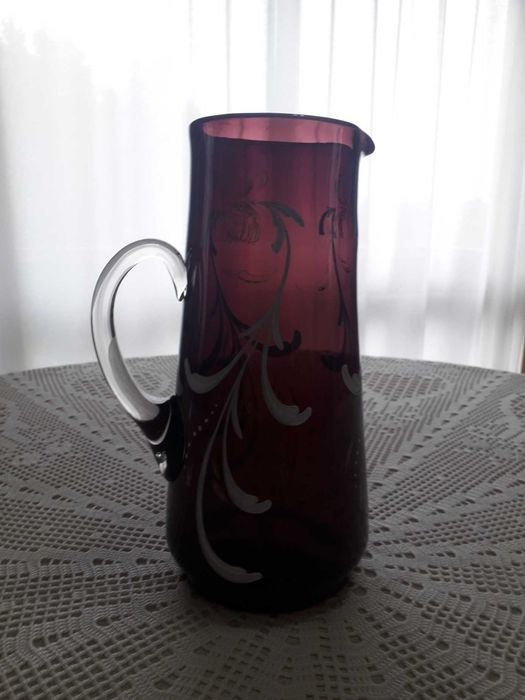 Conjunto vintage de jarro e seis copos, pintado à mão
