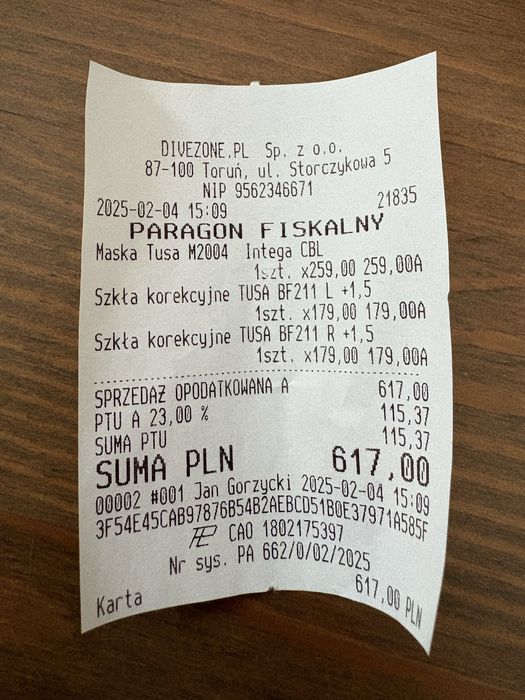 Maska TUSA M2004 z korekcją +1,5