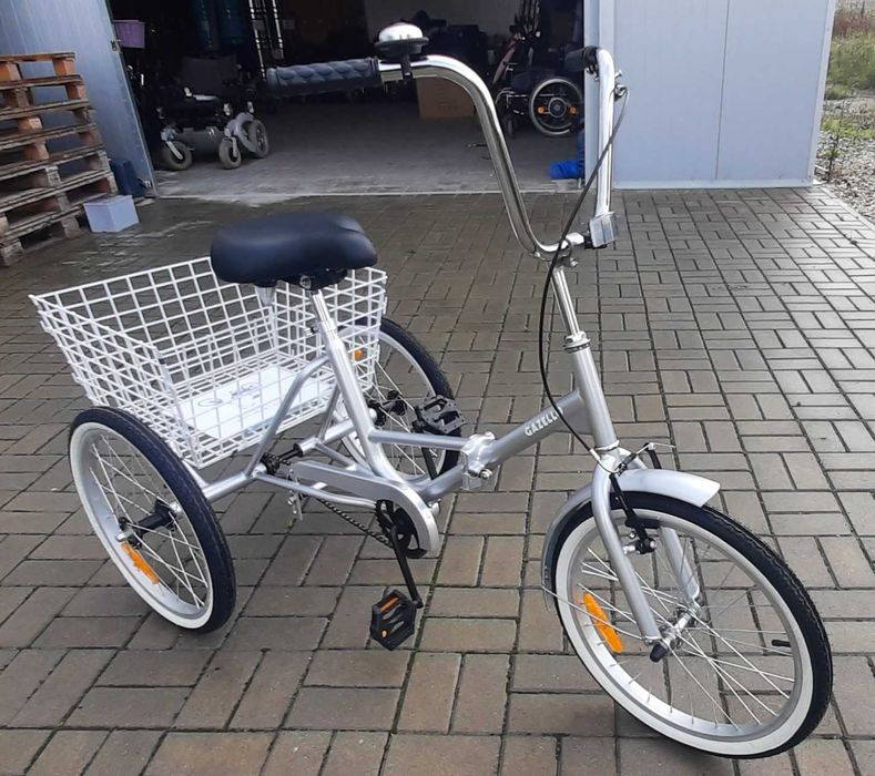 Rower rowerek trzy kołowy rehabilitacyjny srebrny składany duży