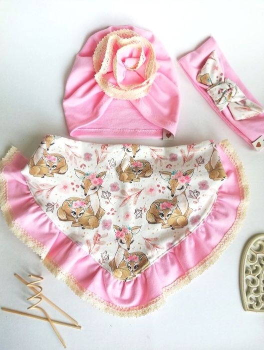Turban z koronką i chusta z falbanką sarenki handmade