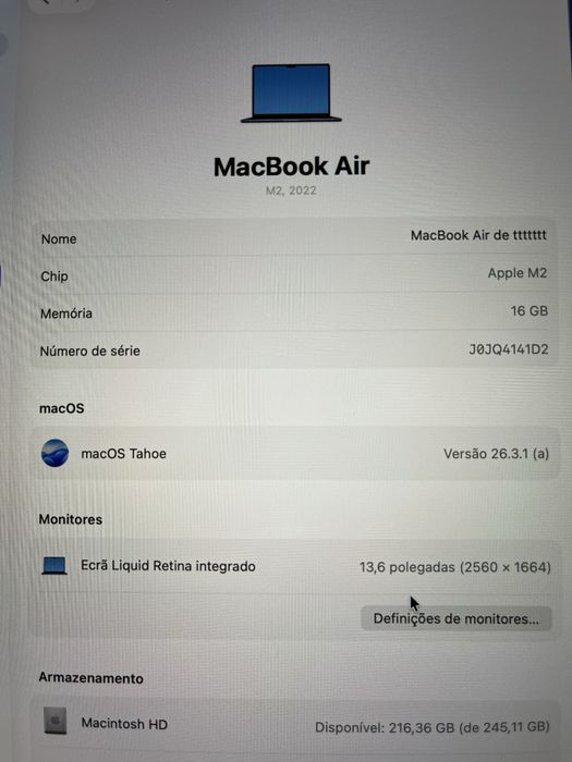 MacBook Air M2 13,6" | 16 GB RAM | 256 GB SSD | Como Novo