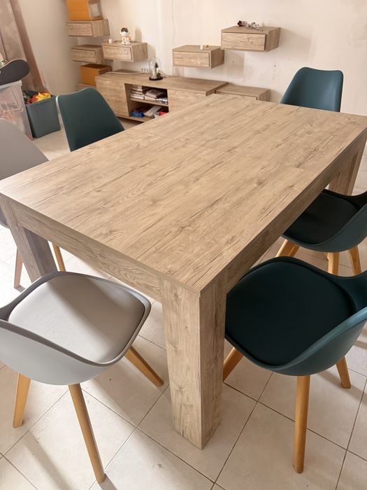 Mesa Extensível Carvalho Natural + 6 cadeiras
