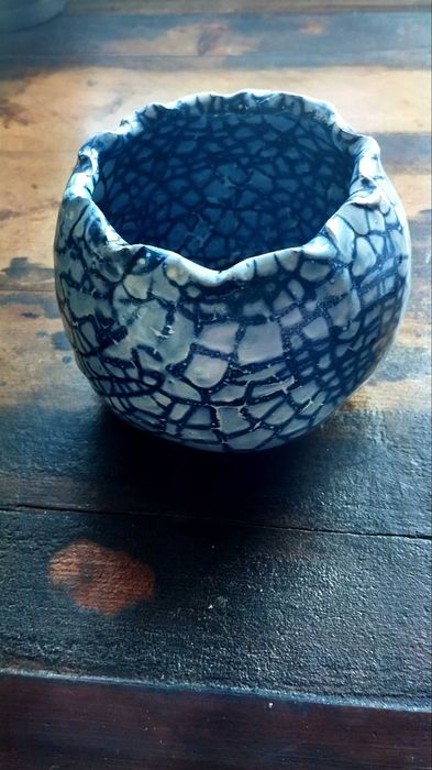 Pote com tampa vidro vintage e pote azul cerâmica pintado