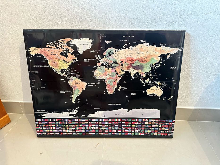 Quadro com mapa mundo todas as bandeiras 80x60x4