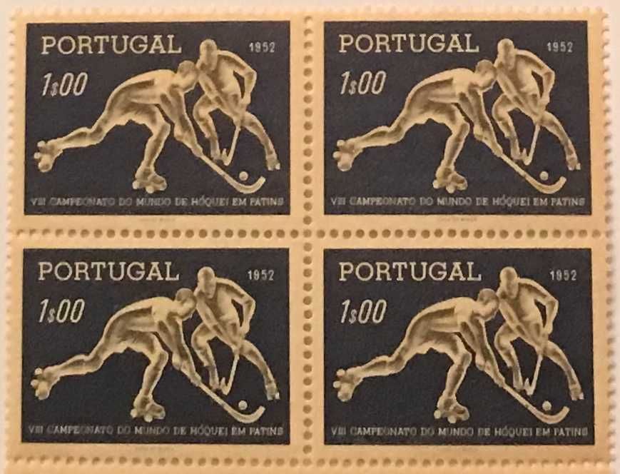 Quadra de selos novos de 1$00 - 8. Camp. Mundo Hóquei em Patins - 1952