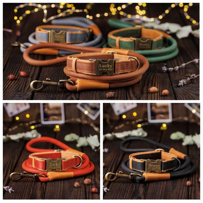 Ошейник и Поводок для Собак Кожаный Редкий с Гравировкой АкцияКомплект
