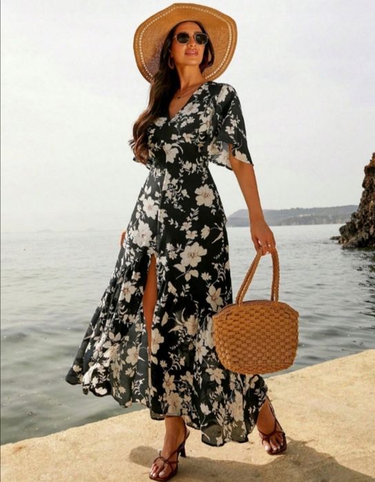 Elegancka sukienka długa kwiaty S M