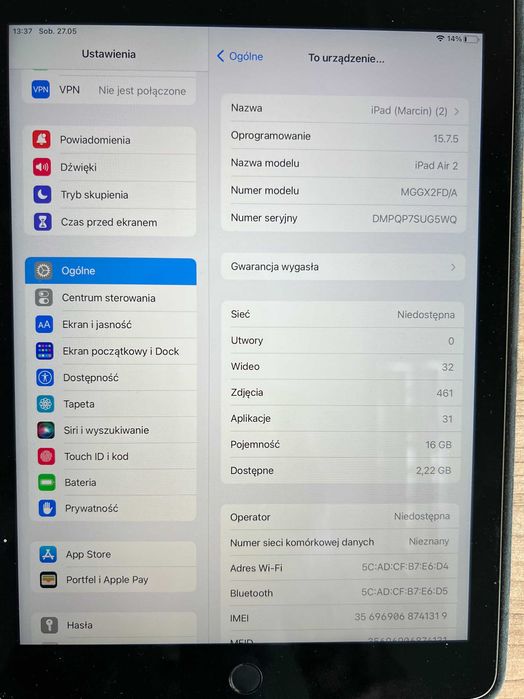Apple iPad Air 2 16GB Wi-Fi + Cellular LTE Oryginalny zestaw
