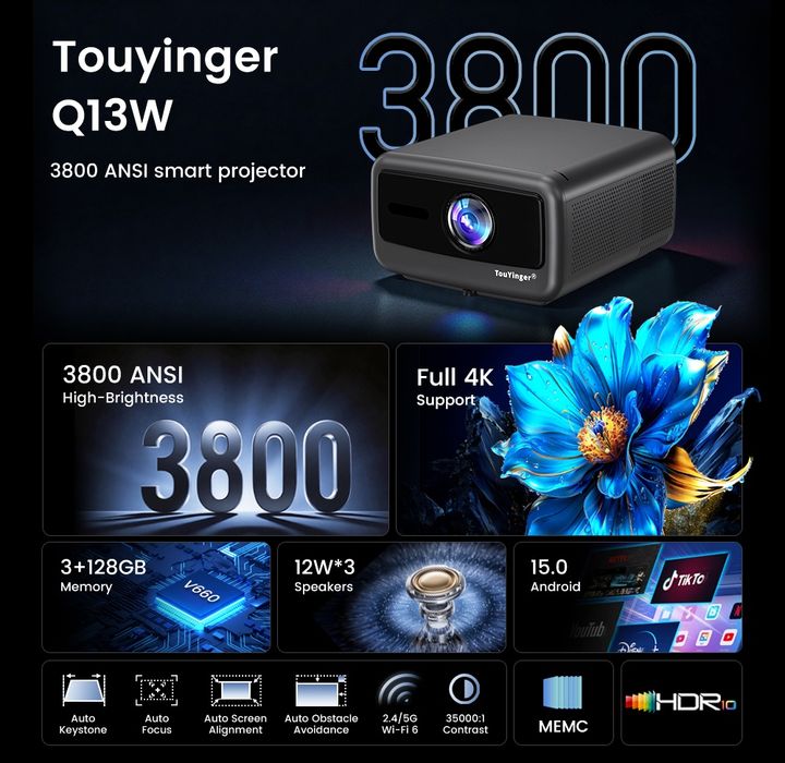 Проєктор Touyinger Q13W 3800ANSI 4K Android 15 3G+128G Герметична оптика  В подарунок єкран 120 дуймів
- відправлення в день оформлення замовлення.