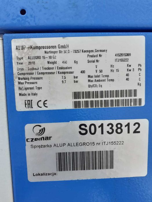 SPRAWNA!!! Sprężarka śrubowa ALUP ALLEGRO15 15kW 3,03m³/min S013812