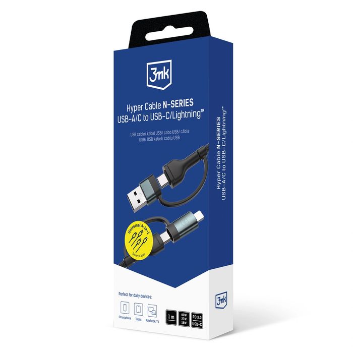 Kabel 3mk Hyper Cable N-SERIES 2 in 2 USB-A / USB-C i USB-C / Lightning 1.2m QC 3.0 9V/2A 60W - czarny