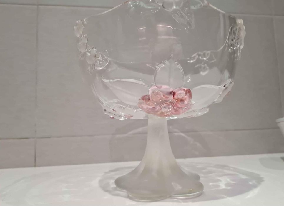 Fruteira e cesta em vidro acidado