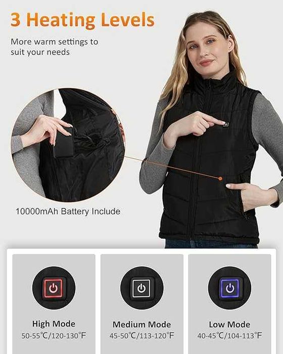 Colete Aquecido Feminino com Bateria 10000mAh | 8 Zonas de Aquecimento | 3 Níveis de Temperatura | Colete Térmico para Outono e Inverno | Uso Outdoor