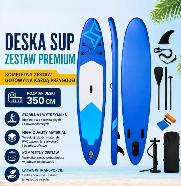 Deska Sup do Pływania 350cm Pompowana | XXL Długa 1 - 2 osobowa | 200 kg Stabilna 3 Pletwy | Treningowa | Zestaw Akcesoriów | NOWA Fv23%