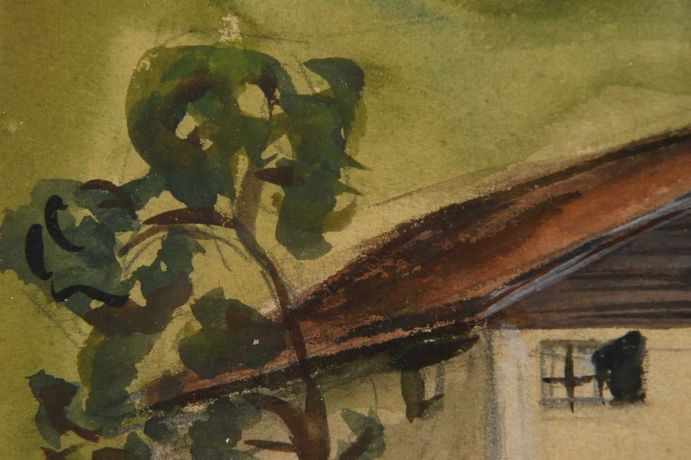 Akwarela Dom w Alpach R Brosi 1946 w zloconej ramie 24x31