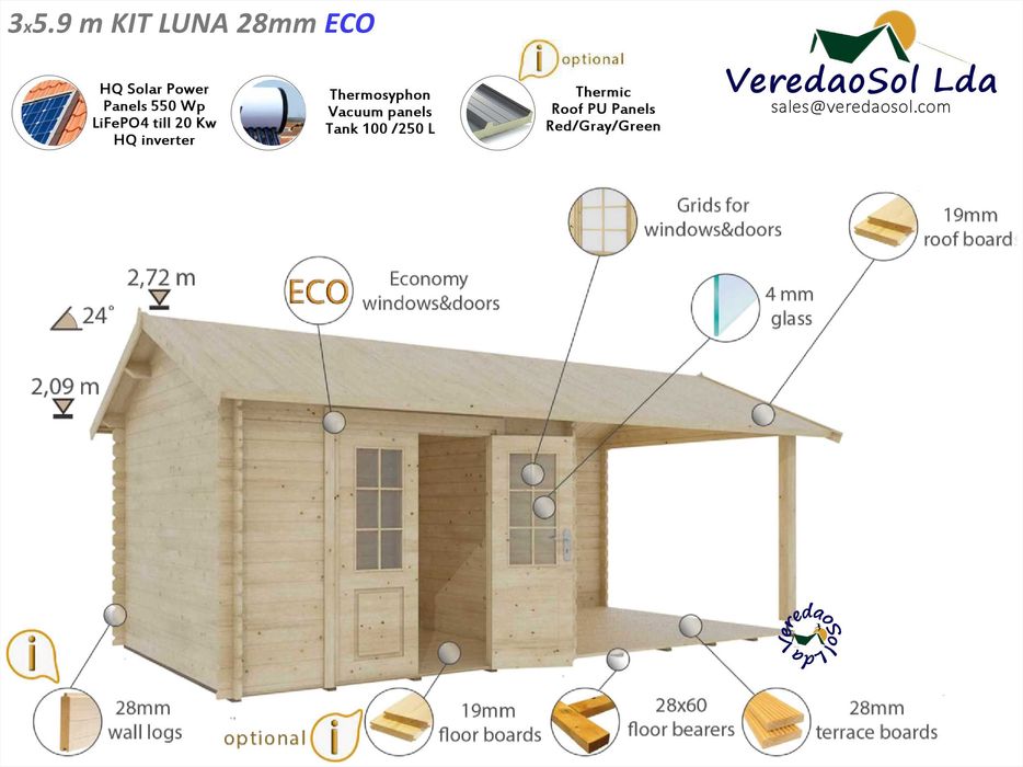 Casa Madeira LUNA Elise 28 e 44mm Coberta 22m² - Terraço 8m² 2 Modelos
