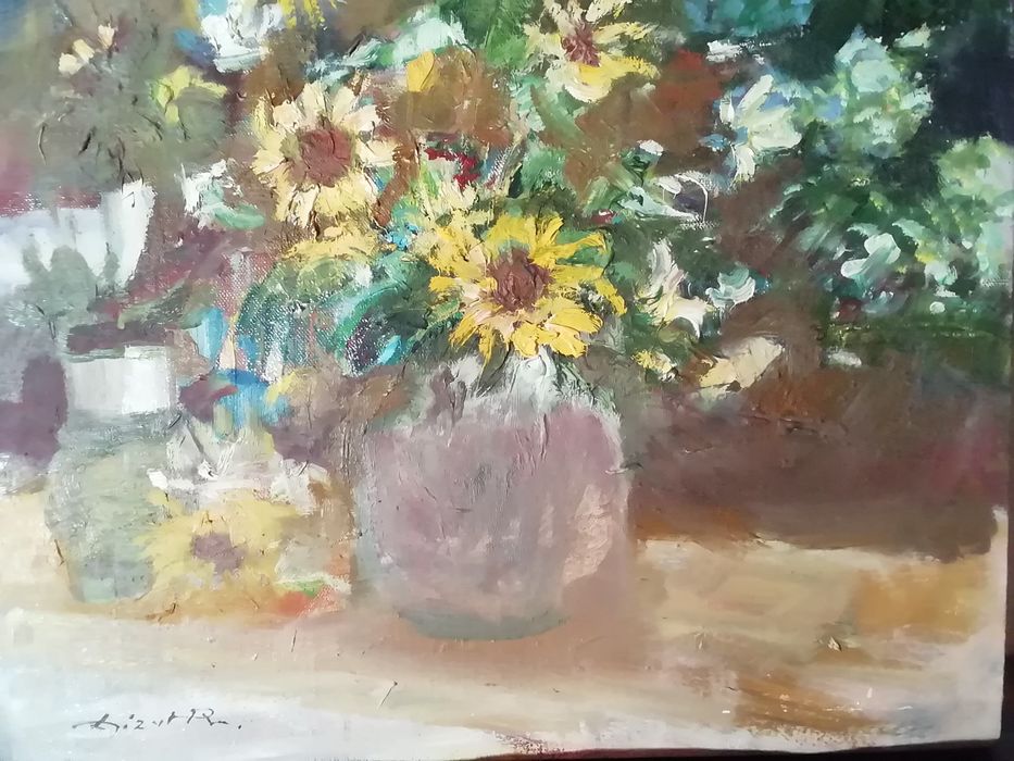Obraz kwiaty sygn. Lizut R. Płótno olej wym ok. 50x35 cm.