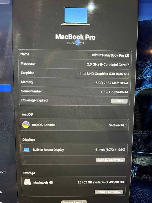 MacBook Pro 16 (A2141) 512Gb 16 Gb ram / 2.6 ghz / Video 1.5 gb