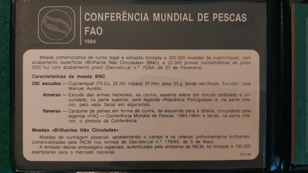 Conferência Mundial das Pescas FAO 1984, moeda 250$00 BNC, em carteira