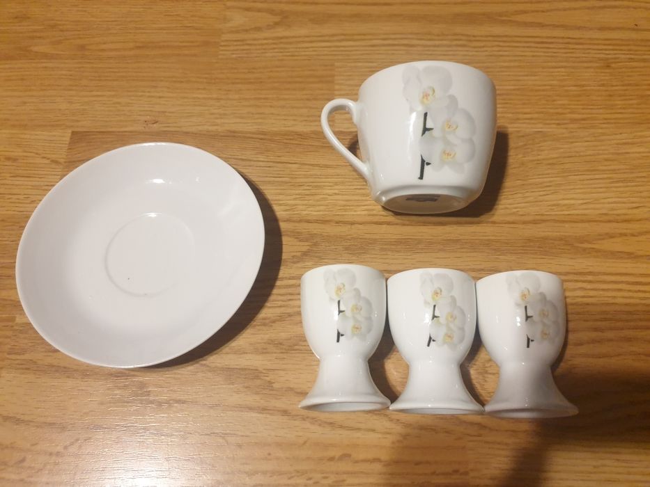 Zestaw śniadaniowy 5 elem. storczyk biały kieliszek na jajka filiżanka