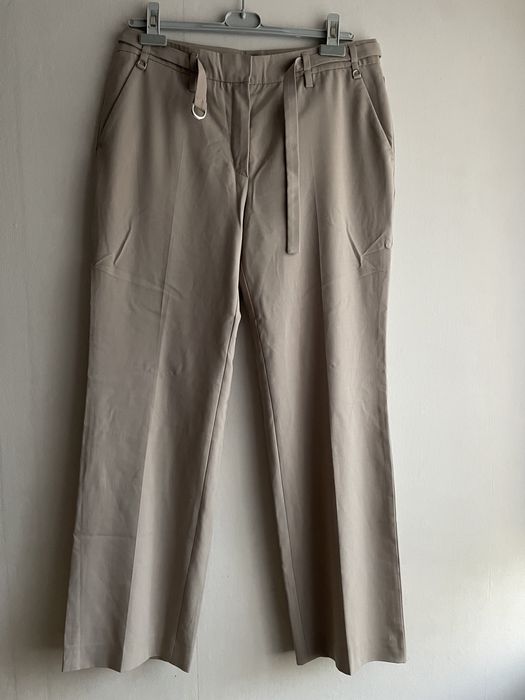 Beżowe spodnie garniturowe, w kant, eleganckie, rozmiar 40, L