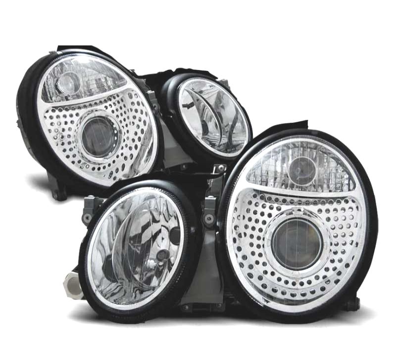 FARÓIS MERCEDES CLASSE CLK W208 98-02 LUPA FUNDO CROMADO