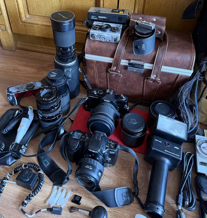 Zestaw fotograficzny ROLLEI, Porst, Minolta, Braun, Canon, Bauer