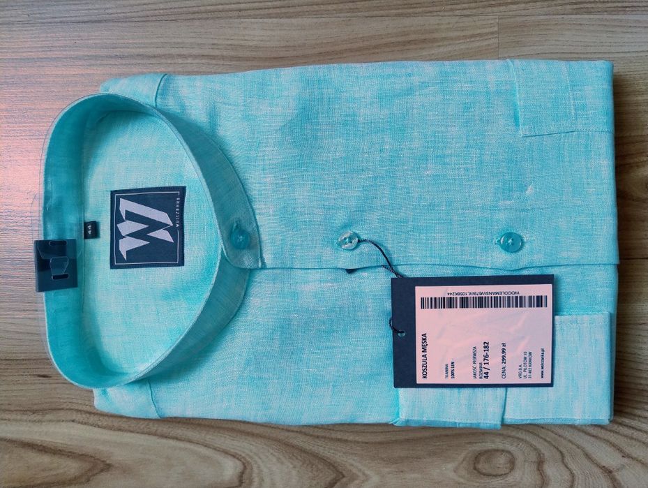 Koszula męska lniana Wólczanka 44/176-182 niebieska